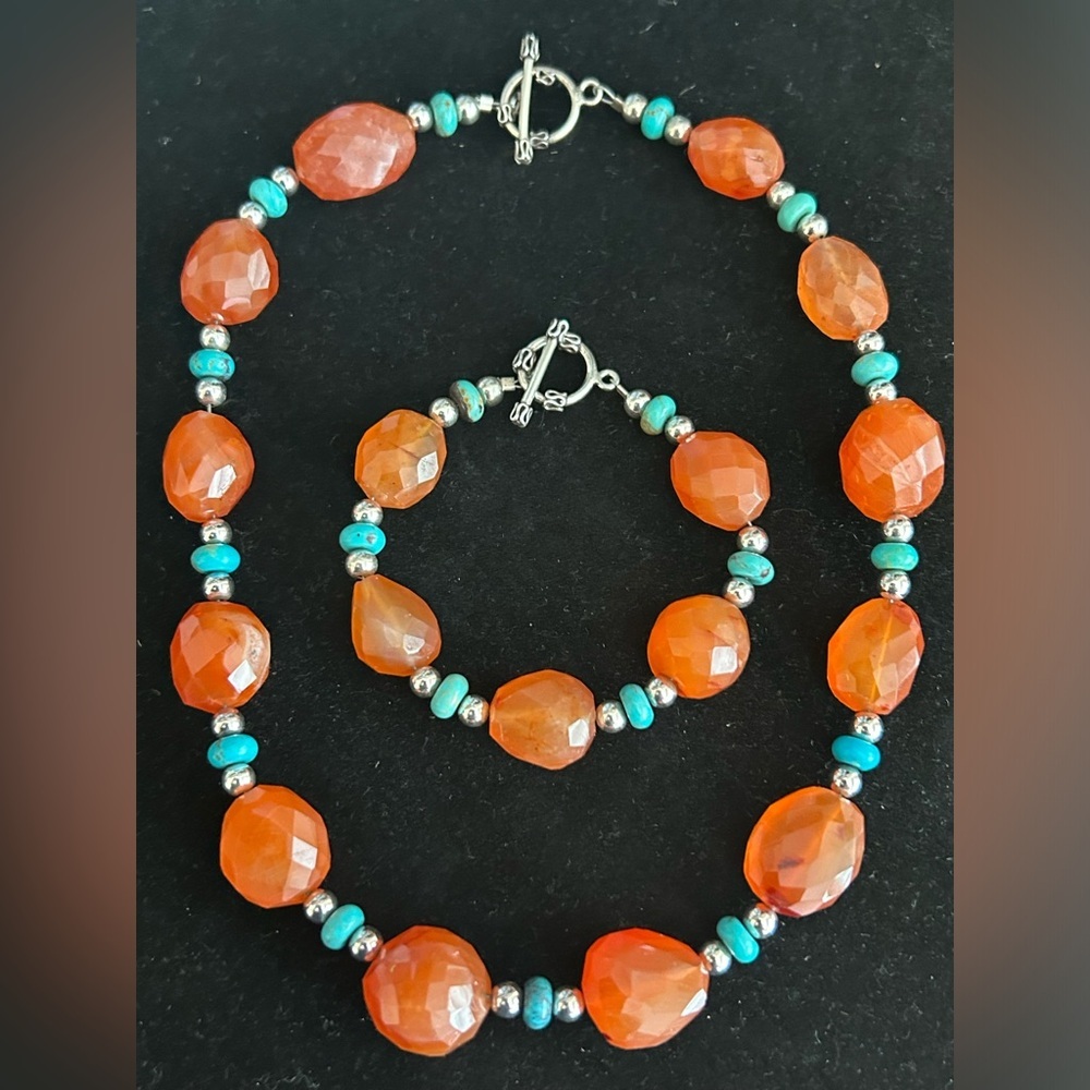 Vintage Turquoise and tumbled orange agate sterling necklace and bracelet